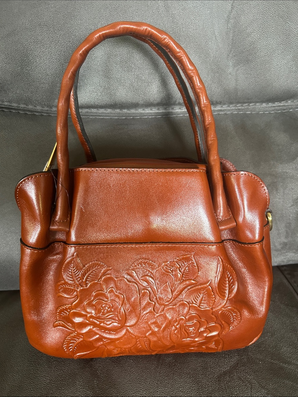 Women's Embossed Floral Leather Handbag — Tan  (New with Tag). So nice bag.